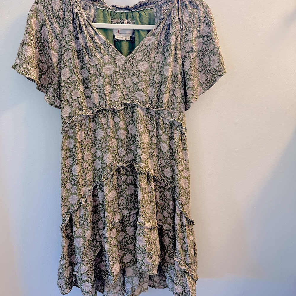 Anthropologie Green Robin Tiered Mini Dress Flutter Sleeves
